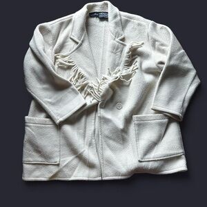 Open-Front Cream Fringe Knit Cardigan